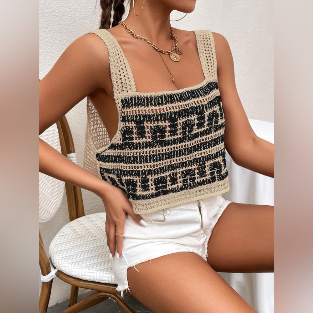 Colorblock Geo Pattern Crochet Top